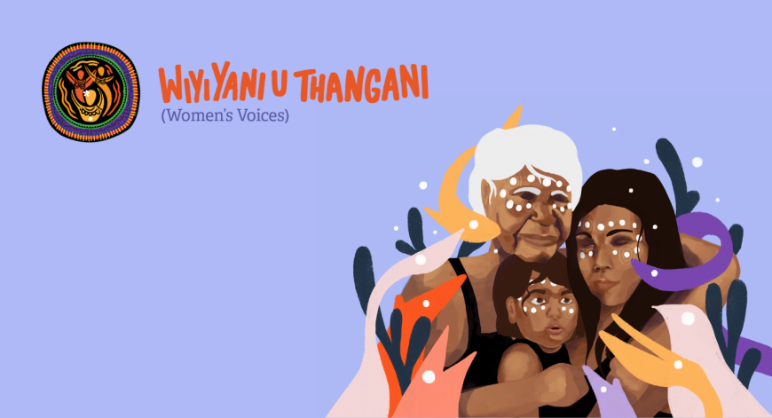 pale blue banner with graphic of 3 generations of First Nations women, with Wiyi Yani U Thangani (Women's Voices) logo