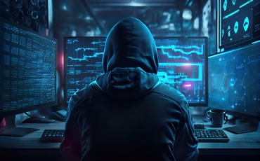 Hacker in front of computer screens